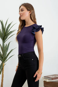 Solid Ruffle Flutter Sleeve Knit Top