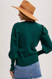 Bubble Sleeved Sweater Knit Top - Green