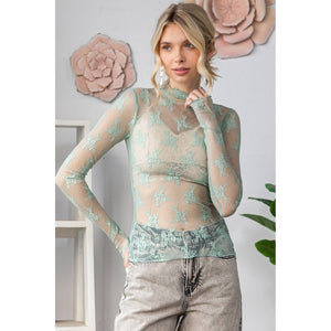 Lace Long Sleeve See Through Top: Sage / M