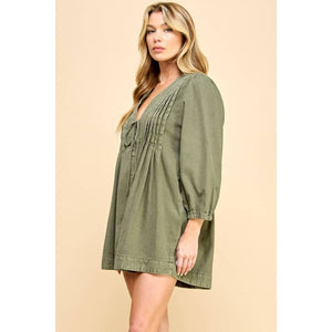 V-neck Puff Sleeve Olive Denim Romper