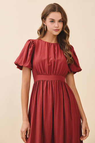 Voluminous Puff Sleeves Gathered Bodice Midi Dress