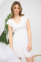 V NECK SHORT SLEEVE RUFFLE DETAIL SHIRRED MINI DRE: PINK