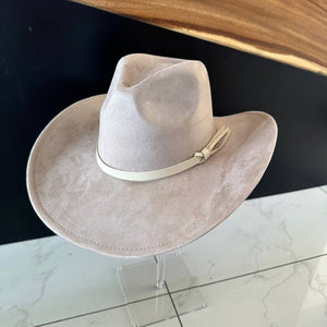 Fashion Vegan Suede Cowboy Hat w/ Leather Belt - Brown