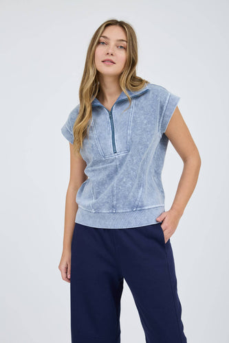 Washed Half Zip Ribbed Detail Sleeveless Knit Top