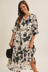 Dreamy Jacquard Floral Midi Dress w/ Statement Sleave
