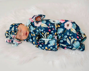 Infant Girls Navy Floral Baby Gown and Bow Headband