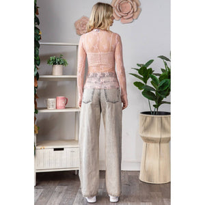 Lace Long Sleeve See Through Top: Sage / M