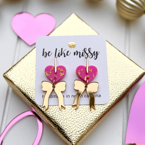 Valentine's Day Earrings - Hearts + Bows - Hot Pink + Gold