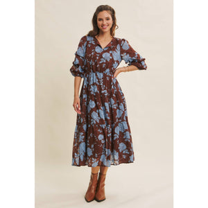 Dreamy Jacquard Floral Midi Dress w/ Statement Sleave
