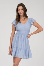 V NECK SHORT SLEEVE RUFFLE DETAIL SHIRRED MINI DRE: PINK