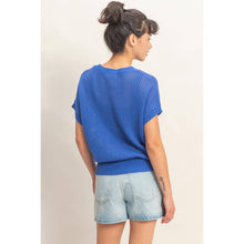 Open-Knit Dolman Sleeve Top: COBALT