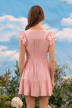 V NECK SHORT SLEEVE RUFFLE DETAIL SHIRRED MINI DRE: PINK