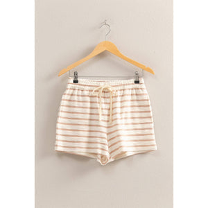 DZ25C100-Striped Drawstring Waist Shorts: BLACK/CREAM / S-M-L(2-2-2)