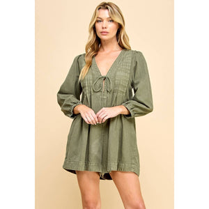 V-neck Puff Sleeve Olive Denim Romper