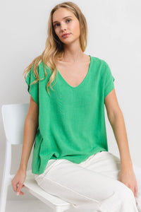 Solid Linen V-neck Short Sleeve Top