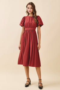 Voluminous Puff Sleeves Gathered Bodice Midi Dress