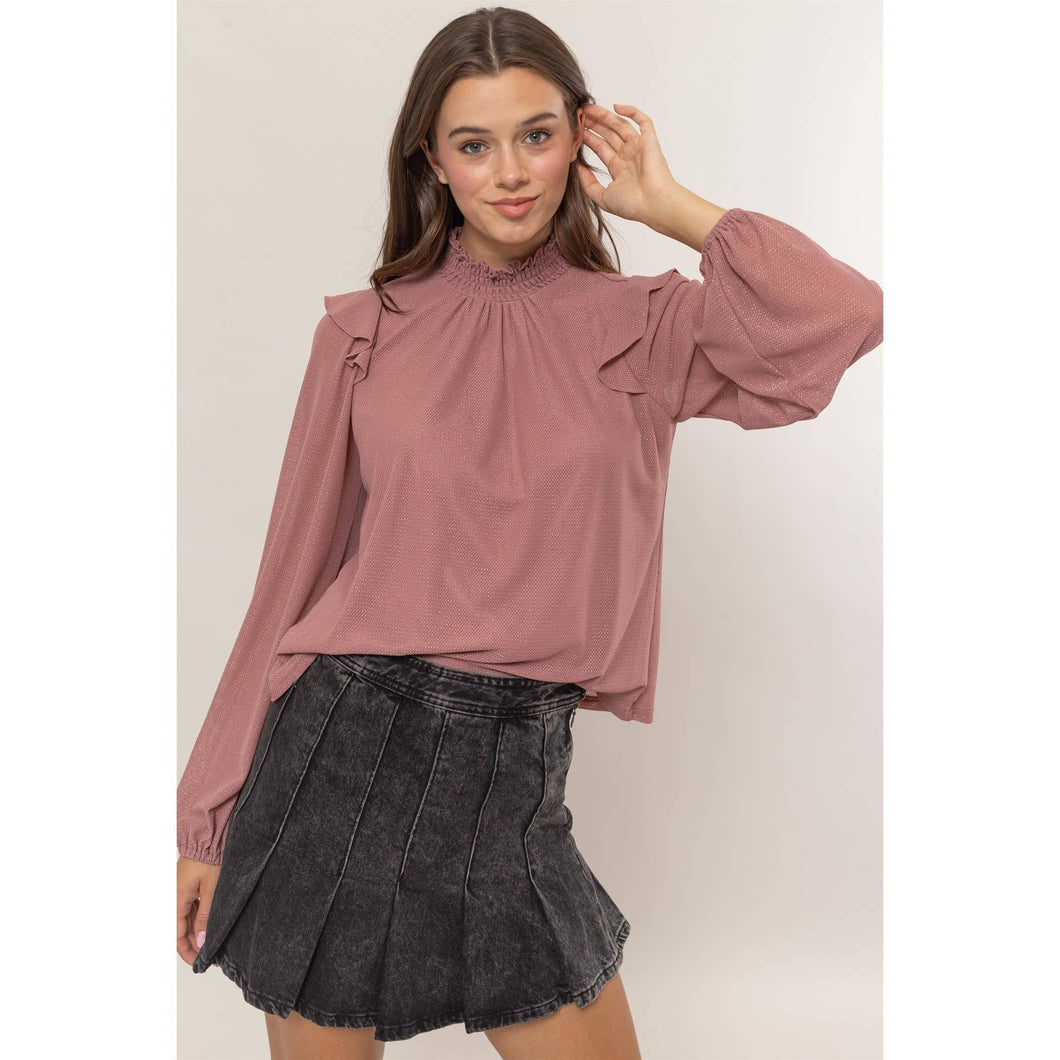 Lurex Mesh Ruffle Blouse