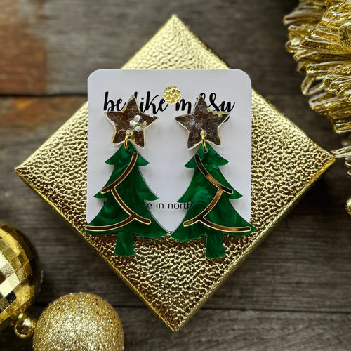 Christmas Tree Earrings - Pearl Green with Stars + Decor