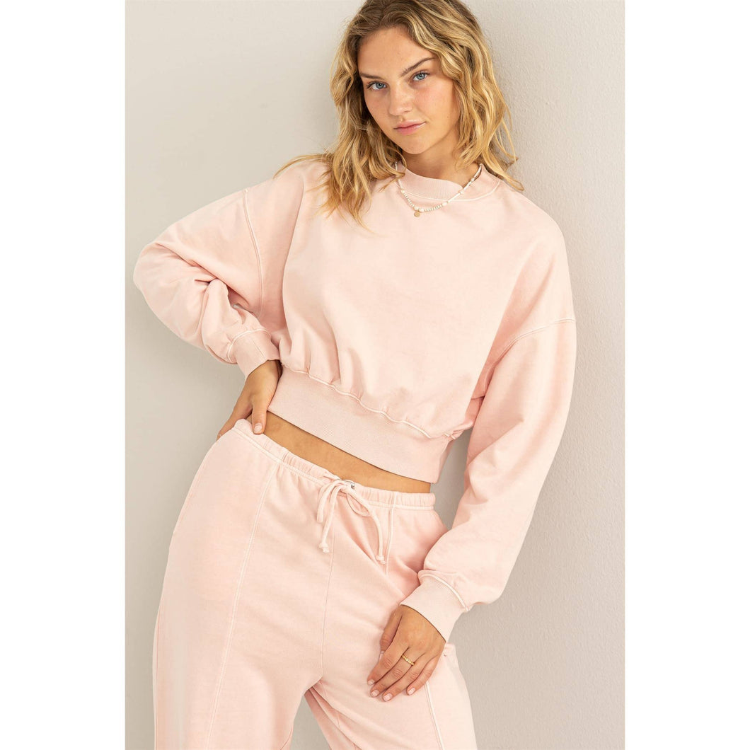 Mock Neck Cropped Sweatshirt - Dusty Pink