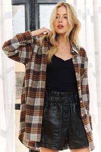 Button Down Plaid Shirt - Brown