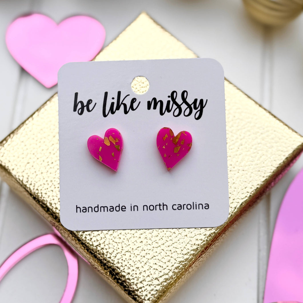 Valentine's Day Earrings - Heart Studs - Hot Pink