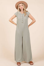 Waffle Knit Henley Short Sleeve Wide Leg Jumpsuit