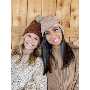 Sequin Brioche Cable Knit Fur Pom C.C Beanie: Cream