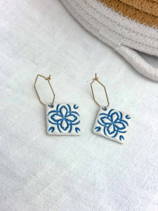 Madeline Tile Hoops: White with twilight blue