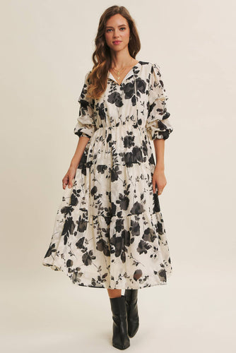 Dreamy Jacquard Floral Midi Dress w/ Statement Sleave