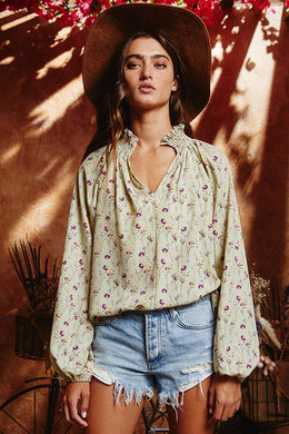 Smoked Stand Collar Floral Print Blouse