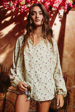 Smoked Stand Collar Floral Print Blouse
