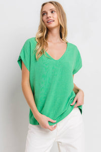 Solid Linen V-neck Short Sleeve Top