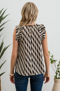 Geo Wave Print Sleeveless Ruffle Trim Blouse