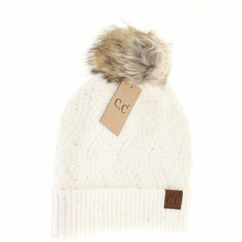 Sequin Brioche Cable Knit Fur Pom C.C Beanie: Cream