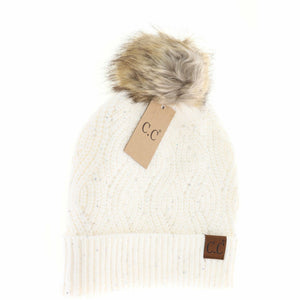 Sequin Brioche Cable Knit Fur Pom C.C Beanie: Cream