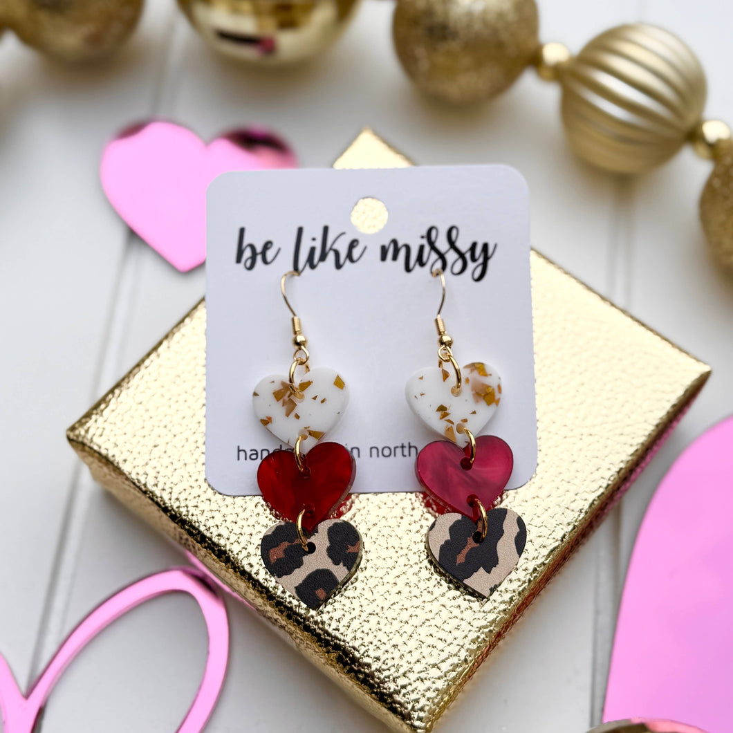 Valentine's Day Earrings - Cascading Hearts - Red + Leopard