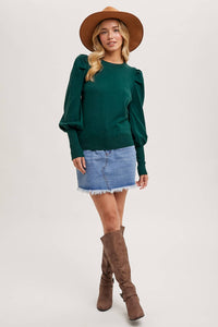 Bubble Sleeved Sweater Knit Top - Green