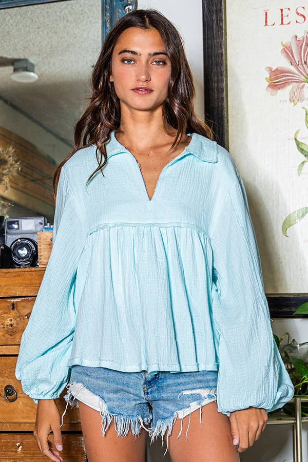 Puff Sleeve Collared Flowy Babydoll Top