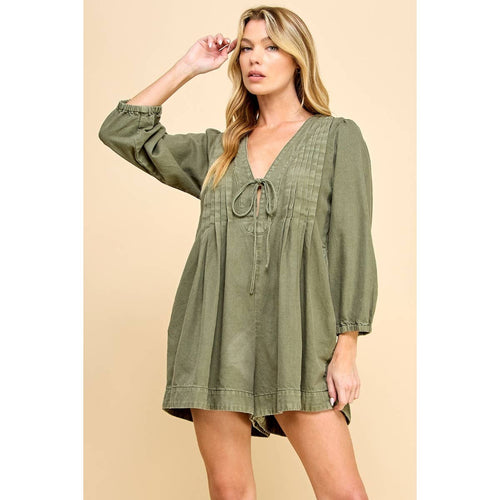 V-neck Puff Sleeve Olive Denim Romper