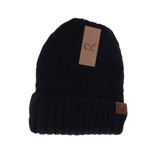 Fuzzy Lined Crisscross Knit C.C Beanie: Black