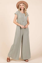 Waffle Knit Henley Short Sleeve Wide Leg Jumpsuit