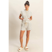 DZ25C099-Striped Short Sleeve Pullover Hoodie Top: BLACK/CREAM / S-M-L(2-2-2)