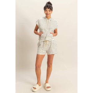 DZ25C099-Striped Short Sleeve Pullover Hoodie Top: BLACK/CREAM / S-M-L(2-2-2)