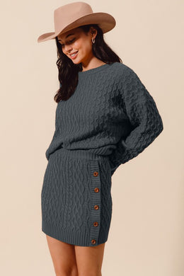 Cable Knit Sweater Top & Side Button Skirt Set