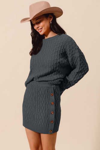 Cable Knit Sweater Top & Side Button Skirt Set