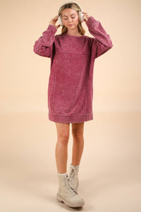 Mineral Washed Oversized Knit Sweatshirt Mini Dress - Magenta