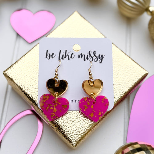 Valentine's Day Earrings - Heart Stacks - Gold + Hot Pink