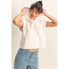 DZ25C099-Striped Short Sleeve Pullover Hoodie Top: BLACK/CREAM / S-M-L(2-2-2)