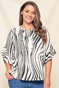 Plus Printed Ruffle Split V-Neck Sleeve Henley Blouse