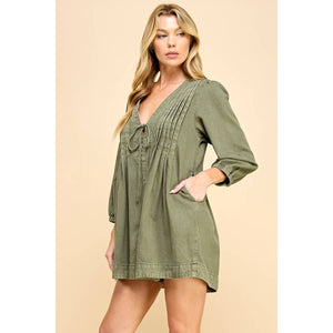 V-neck Puff Sleeve Olive Denim Romper